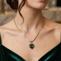 Emerald Green Heart Pendant Necklace | Anti-Tarnish Gold Plated