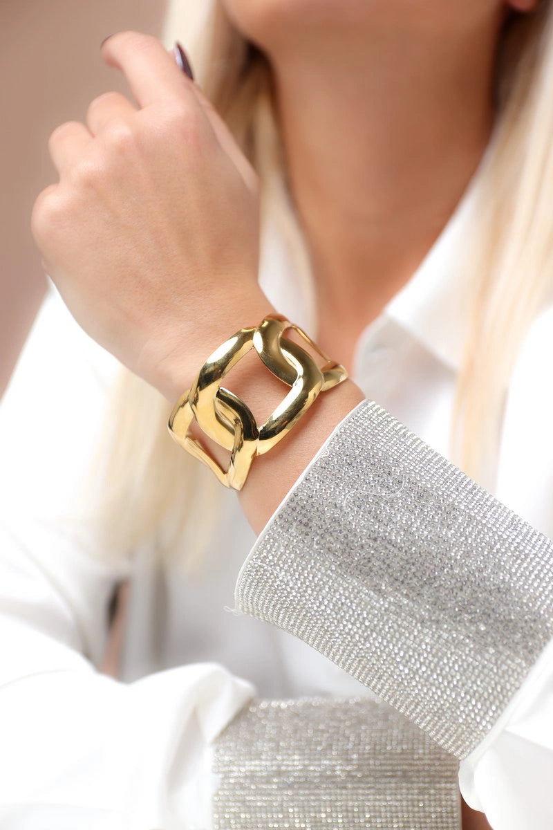 Chunky Open Link Anti-Tarnish Gold Plated Cuff Bracelet