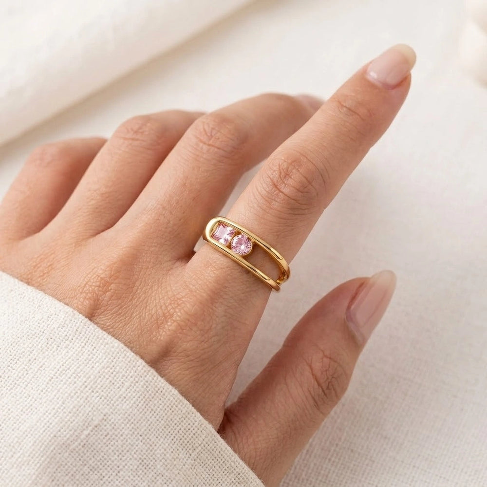 Pink Crystal Adjustable Double Band Ring - Anti Tarnish Gold Plated