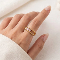 Pink Crystal Adjustable Double Band Ring - Anti Tarnish Gold Plated