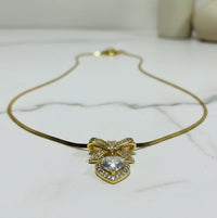 Anti-Tarnish Gold Plated Bow & Heart Pendant Necklace | Dainty CZ Jewelry