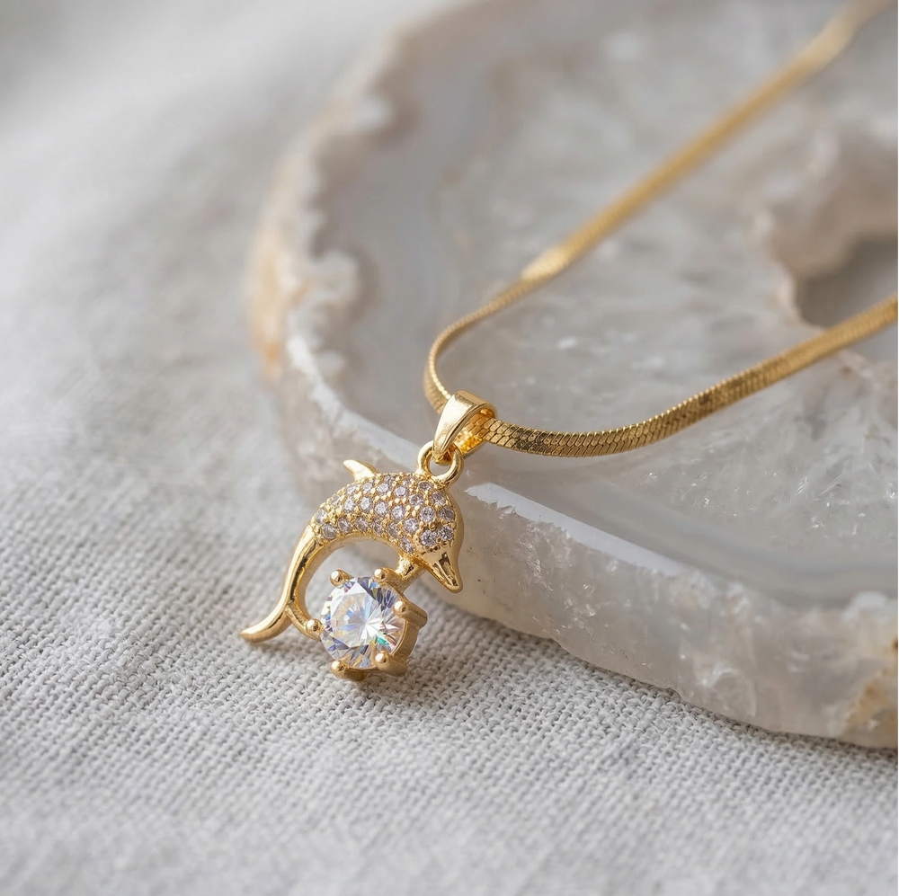 Dolphin Pendant Necklace - Anti-Tarnish Gold Plated with CZ Stone