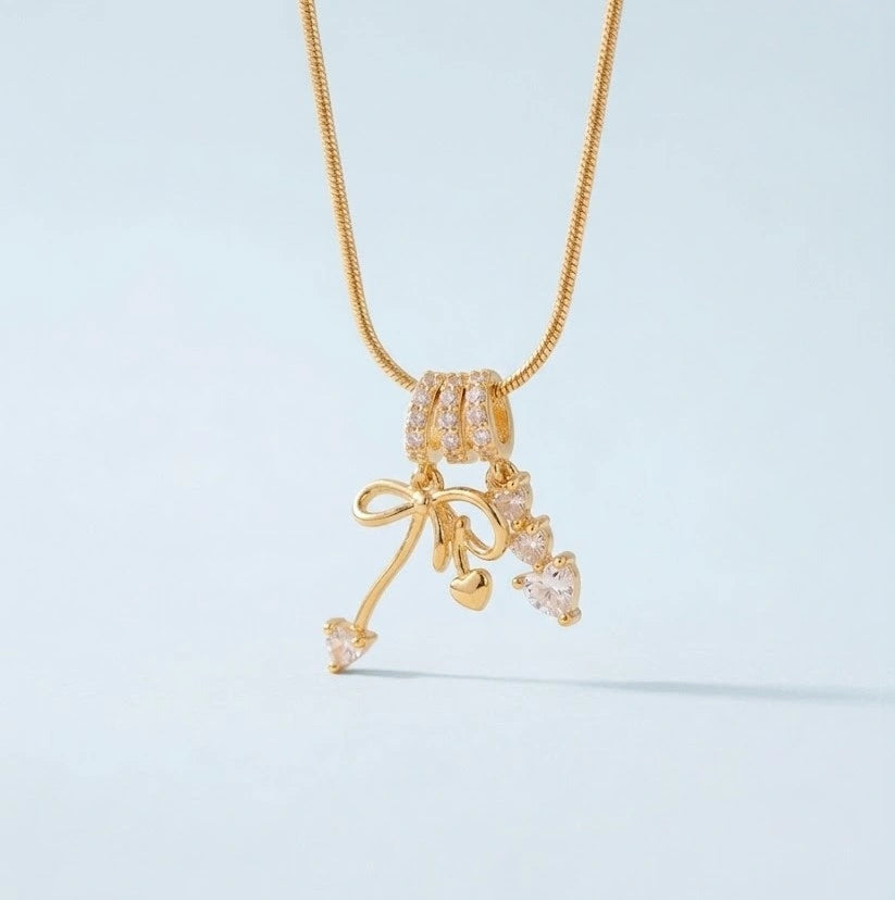 Korean Style Bow Heart Pendant Necklace - Anti-Tarnish Gold Plated