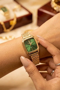 Emerald Green Vintage Square Watch - Anti Tarnish Gold Plated
