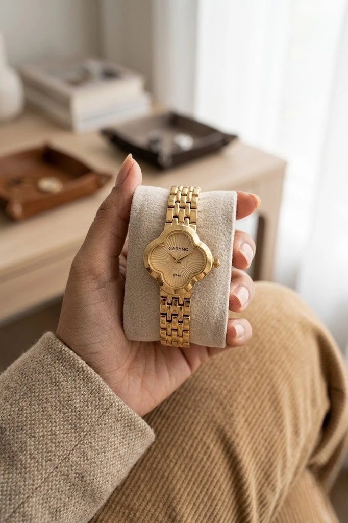 Elegant Clover Dial Gold-Plated Watch for Women | Anti-Tarnish & Water Resistant