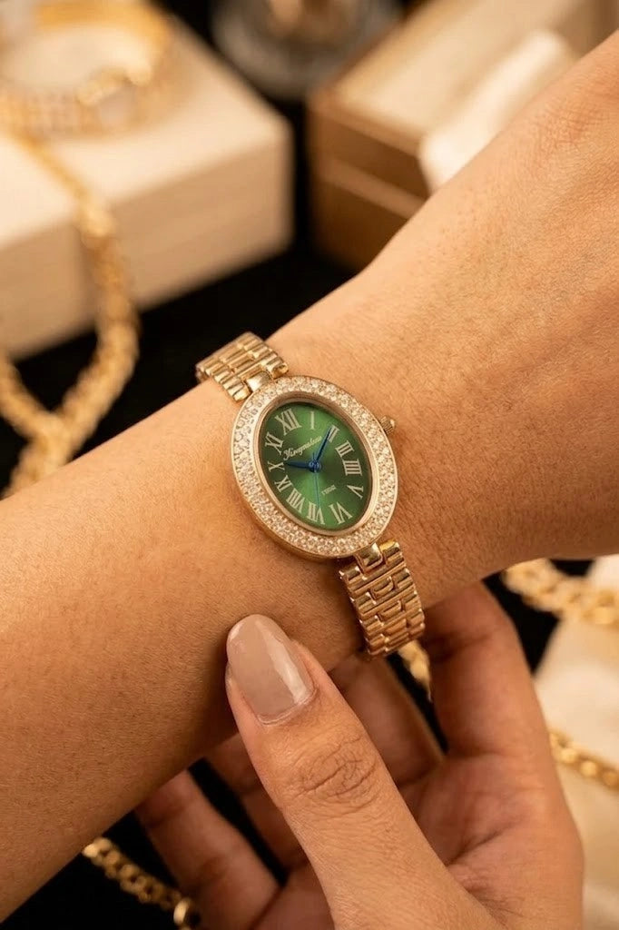 Vintage Emerald Dial Oval Watch | Anti-Tarnish Gold Plated Women's Timepiece