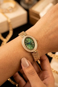 Vintage Emerald Dial Oval Watch | Anti-Tarnish Gold Plated Women's Timepiece