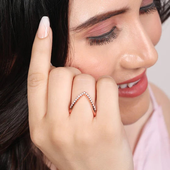 Chevron V-Shape Stackable Ring - Anti-Tarnish Rose Gold Plated with CZ Stones