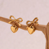 Gold Plated Ribbon Bow & Heart Earrings | Anti-Tarnish Korean Style Drop Studs