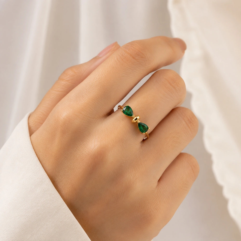 Emerald Green Bow Adjustable Ring | Anti-Tarnish Gold Plated