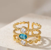 Anti-Tarnish Triple Band Blue Stone Ring | Gold Plated Adjustable Stacking Ring
