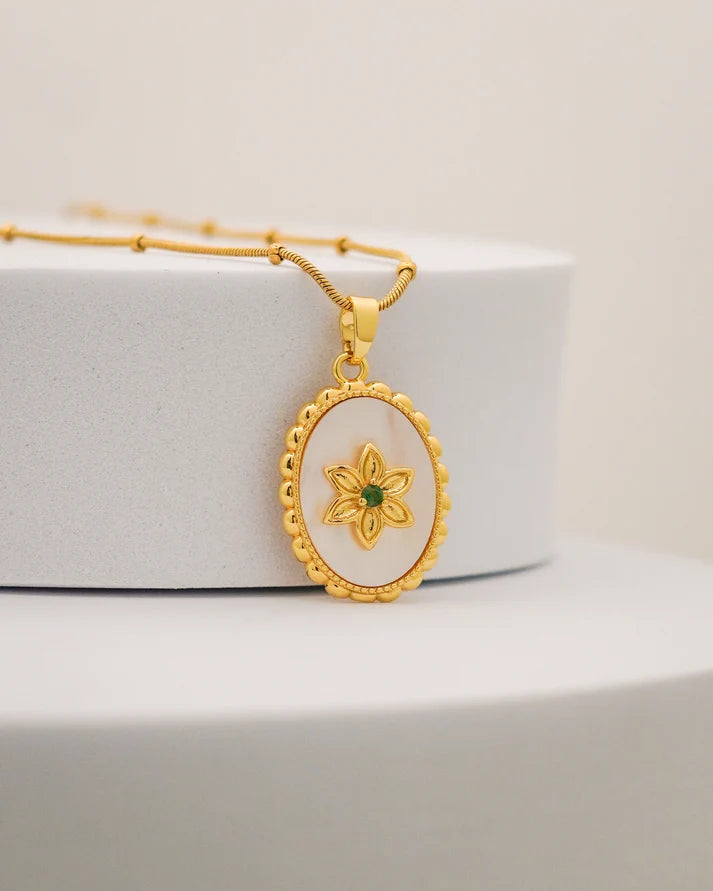 Anti Tarnish Floral White Oval Pendant Necklace - Premium Gold Plated