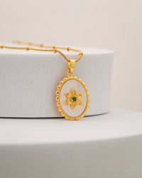 Anti Tarnish Floral White Oval Pendant Necklace - Premium Gold Plated