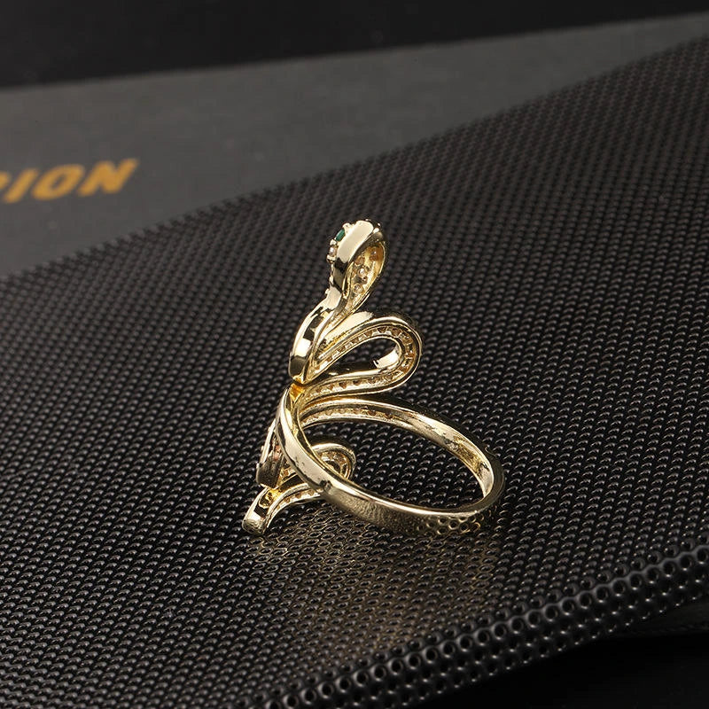 Snake Ring Gold Plated with Emerald Green Eyes – Anti-Tarnish Adjustable Serpent Statement Ring for Women