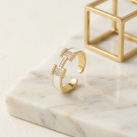 Anti-Tarnish Gold Plated White Enamel H Ring - Adjustable Minimalist Design