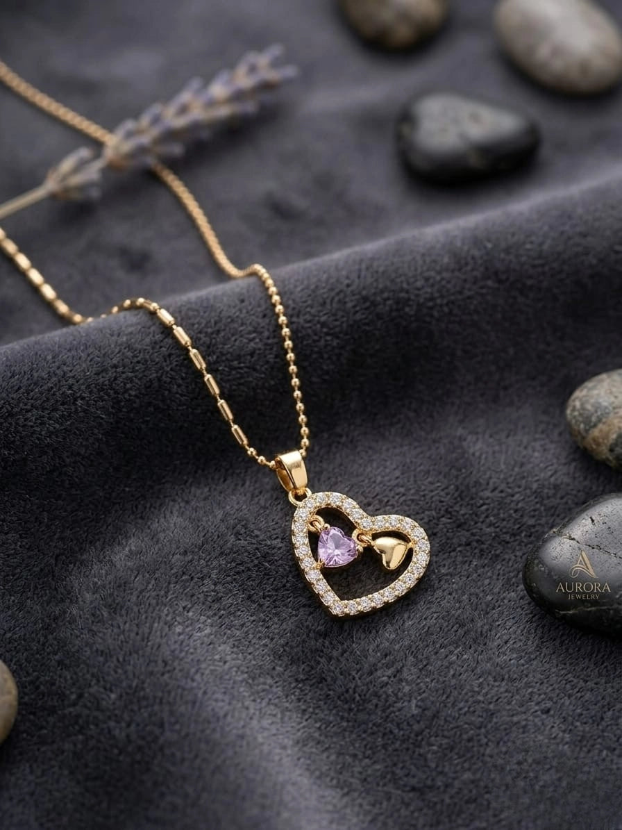 Purple Crystal Heart Pendant | Anti-Tarnish Gold Plated Necklace