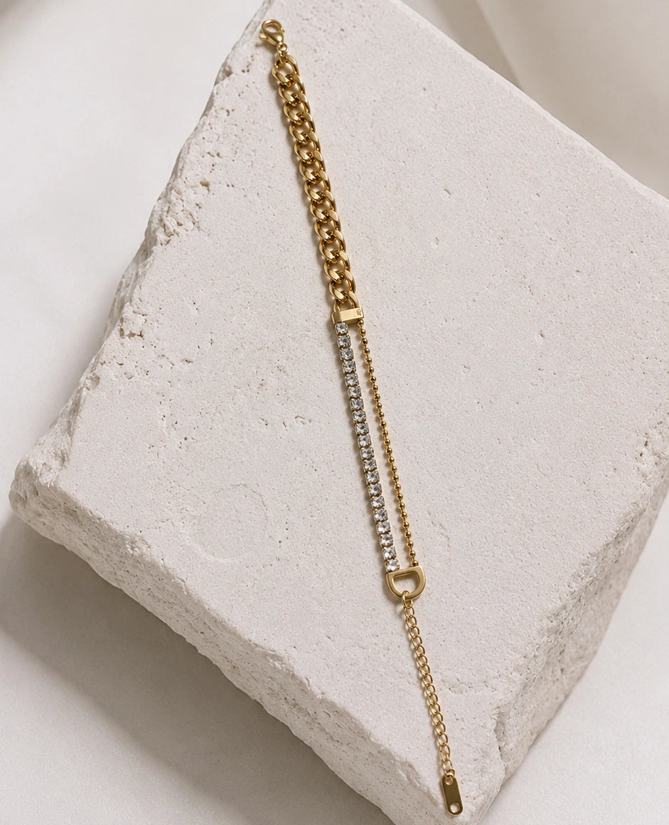 Dual Layer Crystal Cuban Link Gold-Plated Bracelet - Anti Tarnish