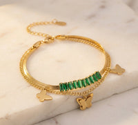 Korean Butterfly Green Stone Layered Bracelet - Anti Tarnish Gold Plated