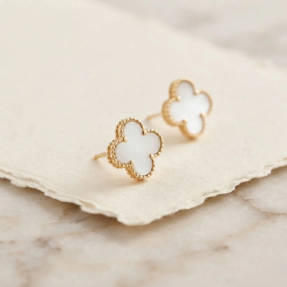 White Clover Stud Earrings - Anti Tarnish Gold Plated