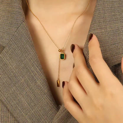 Emerald Green Gem Lariat Necklace - Anti-Tarnish Gold-Plated