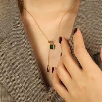 Emerald Green Gem Lariat Necklace - Anti-Tarnish Gold-Plated