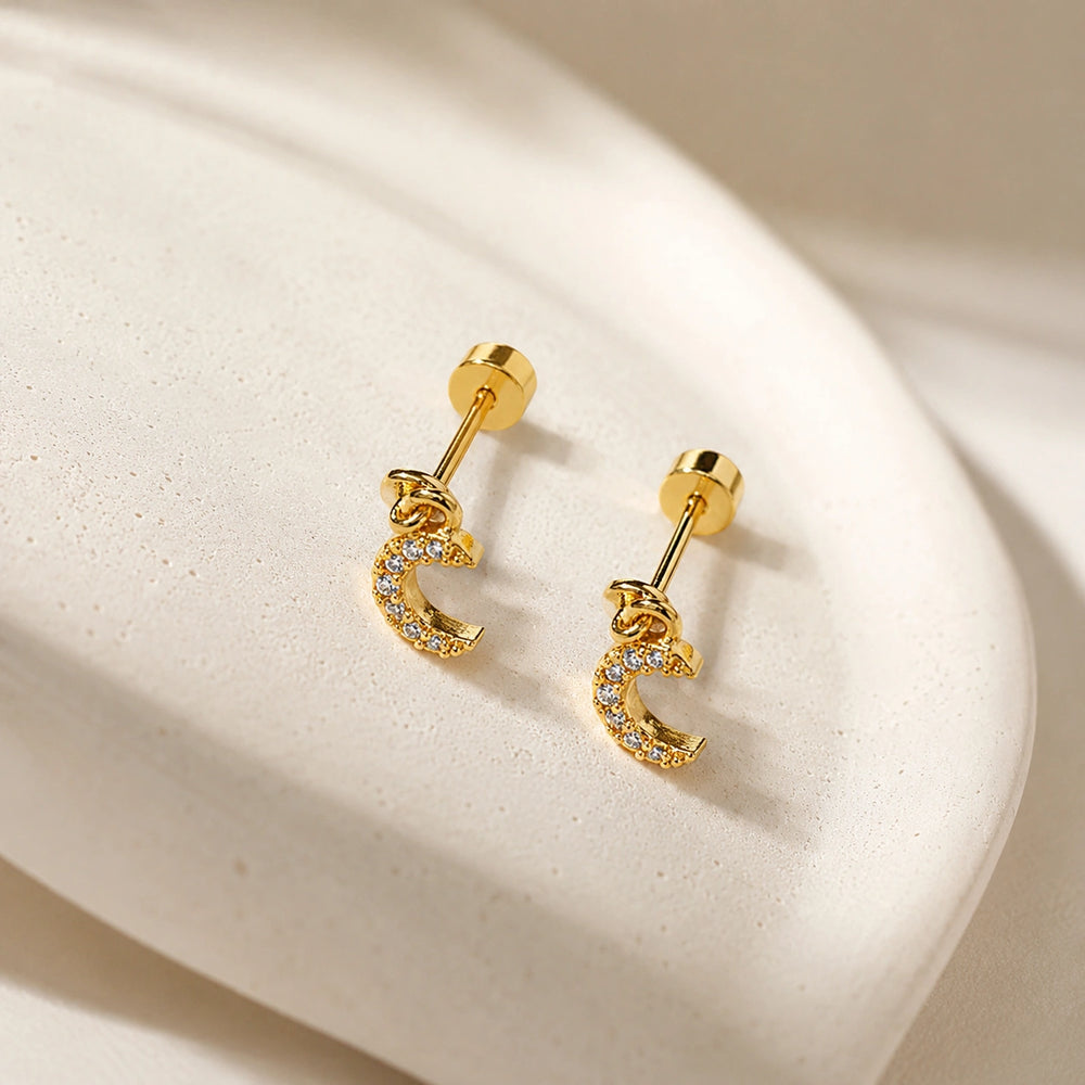 Crescent Moon Crystal Stud Earrings | Anti-Tarnish Gold-Plated