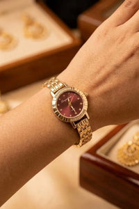 Elegant Maroon Dial Anti Tarnish Gold Plated Watch for Women