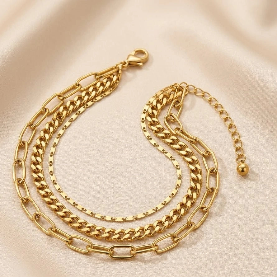 Triple Layered Mixed Link Anti-Tarnish Bracelet for Women