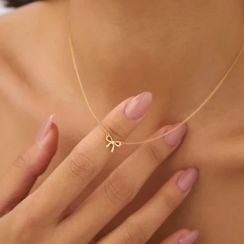 Bow Necklace Gold Plated (Anti-Tarnish) – Korean Style Dainty Ribbon Pendant for Women & Girls