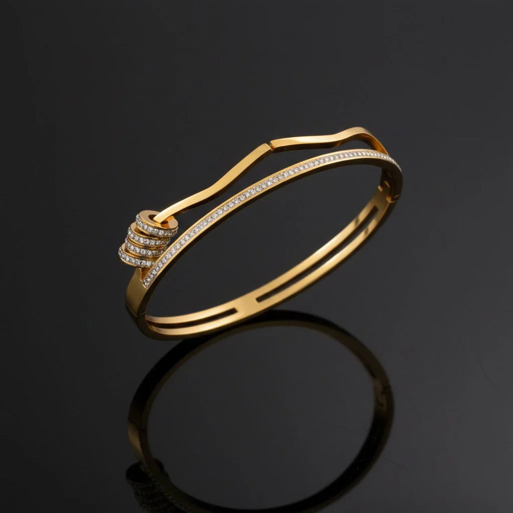 Crystal Wave Double Layer Cuff Bracelet - Anti Tarnish Gold Plated Korean Style Bangle for Women