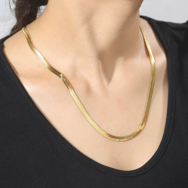 Flat Herringbone Snake Chain Necklace - Gold Plated Anti-Tarnish