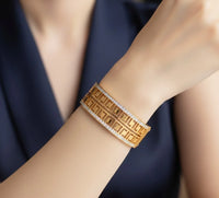 Greek Key Pattern Gold Plated Bangle - Anti-Tarnish Crystal Studded Geometric Cuff Bracelet