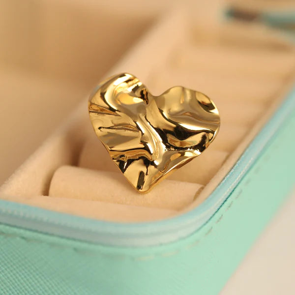 Molten Textured Heart Statement Ring - Anti-Tarnish Gold Plated