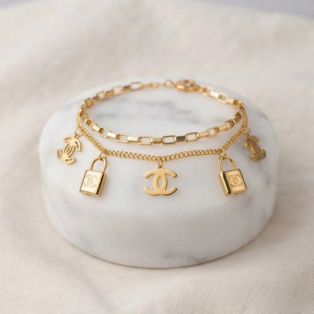 Layered Lock Charm Bracelet - Anti-Tarnish Gold Plated