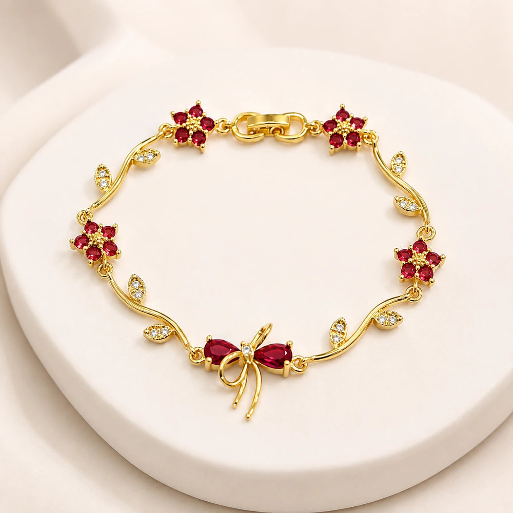 Red Floral Bow Bracelet | Anti-Tarnish Gold Plated