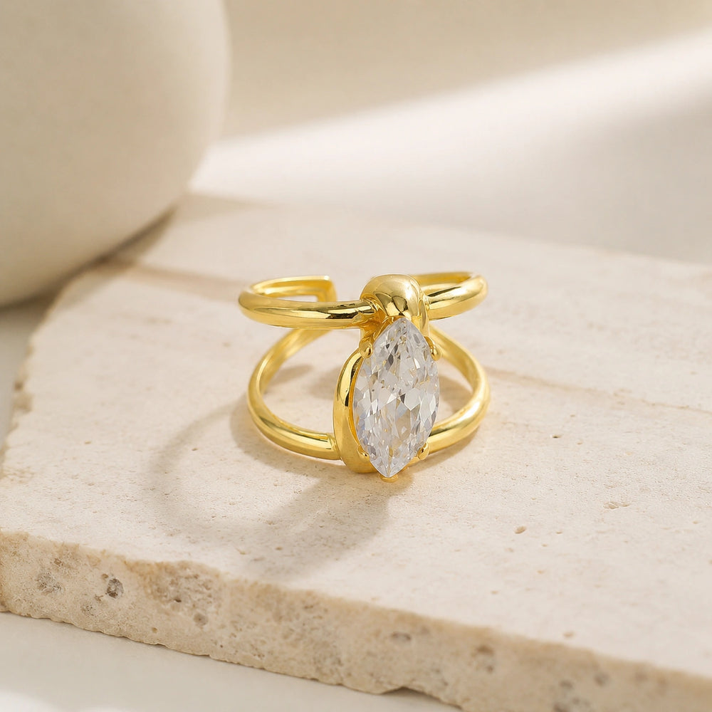 Marquise Cut Crystal Double Band Ring - Anti Tarnish Gold Plated