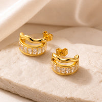 Wavy Baguette Crystal C-Hoop Earrings | Anti Tarnish Gold Plated