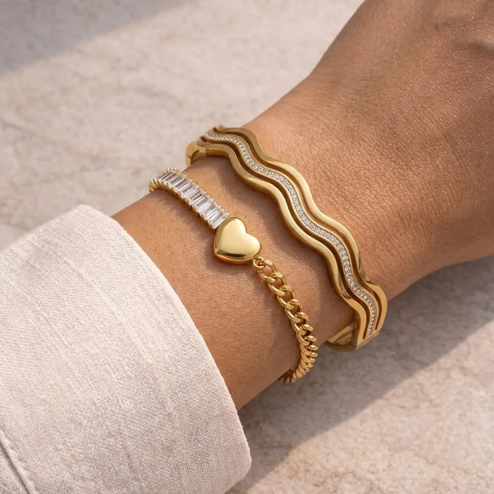 Aesthetic Wavy Bangle & Heart Charm Bracelet Stack | Anti-Tarnish Gold-Plated