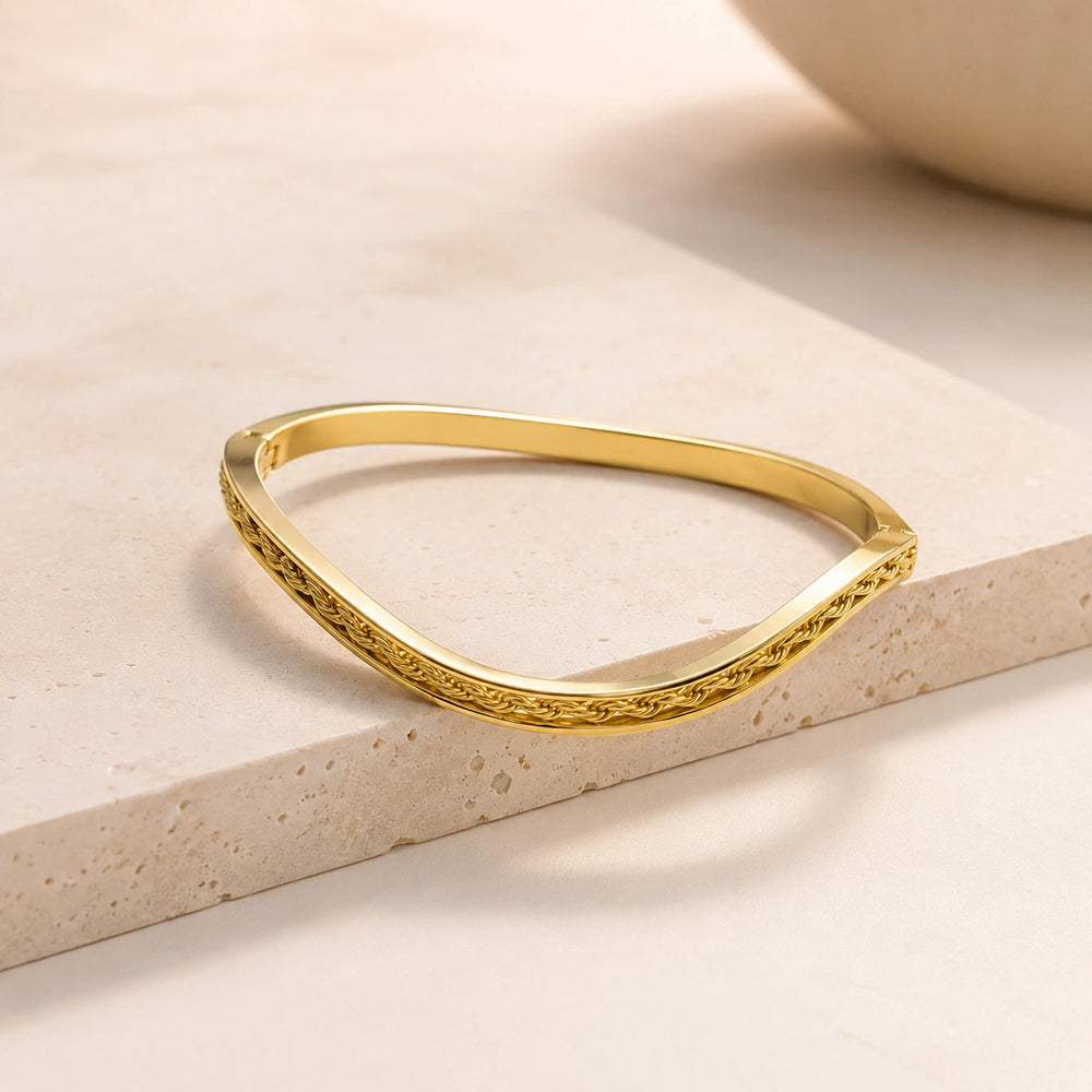 Wavy Braided Gold Plated Bangle - Anti-Tarnish Minimalist Bracelet