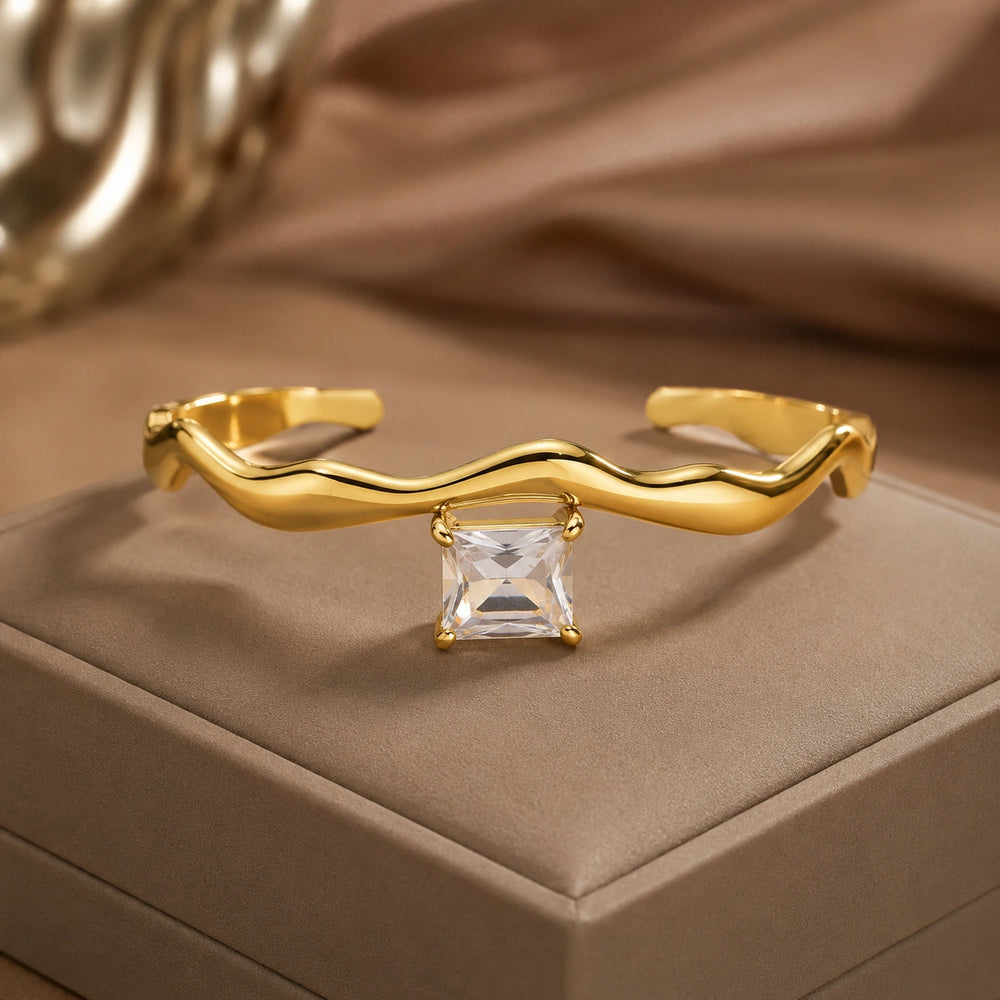 Wavy Square Crystal Cuff Bracelet - Anti Tarnish Gold Plated