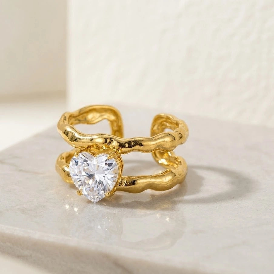 Heart Shaped Double Band Ring - Anti-Tarnish Gold Plated Adjustable Ring
