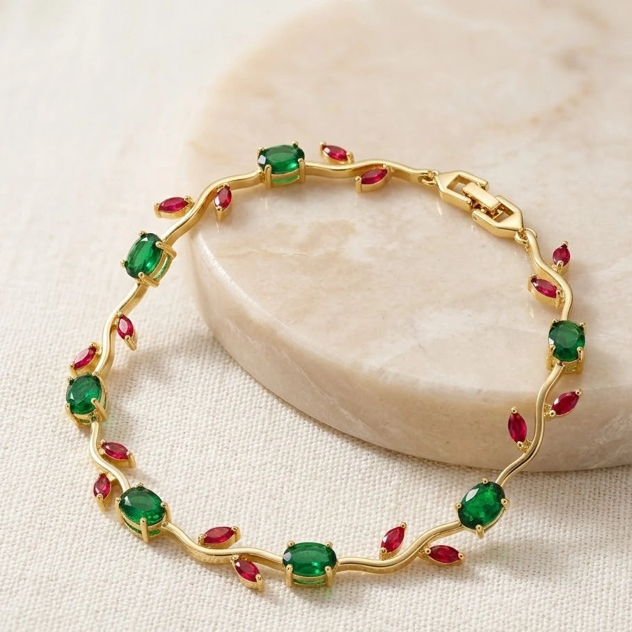 Red & Green Stone Wavy Vine Anti-Tarnish Gold Plated Bracelet
