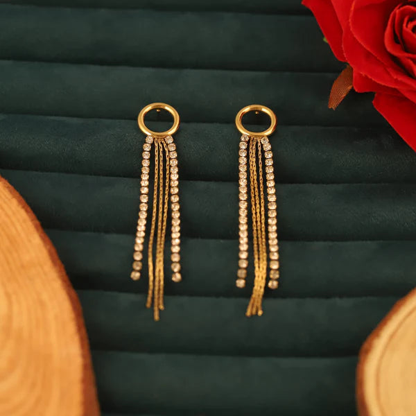 Anti-Tarnish Gold Plated Crystal Fringe Drop Earrings | Waterproof Stainless Steel Party Wear Jewellery