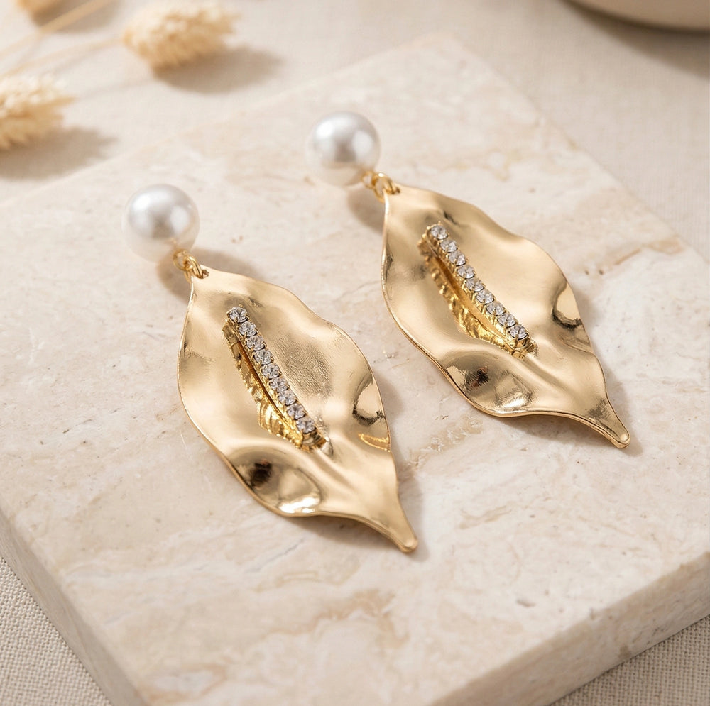 Pearl Drop Textured Leaf Gold Plated Earrings - Anti Tarnish