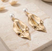 Pearl Drop Textured Leaf Gold Plated Earrings - Anti Tarnish