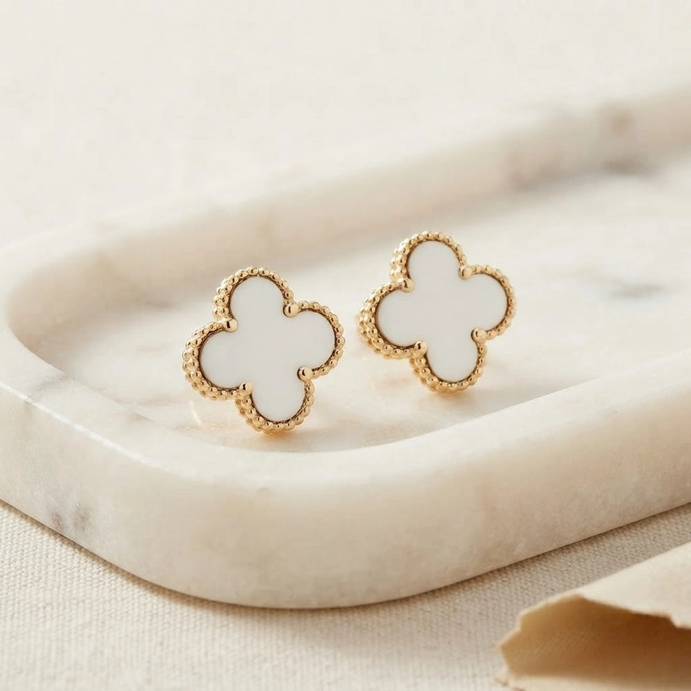White Clover Stud Earrings - Anti Tarnish Gold Plated