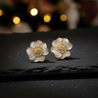 White Enamel Flower Stud Earrings | Korean Style Floral Statement | Fashion Jewelry for Women