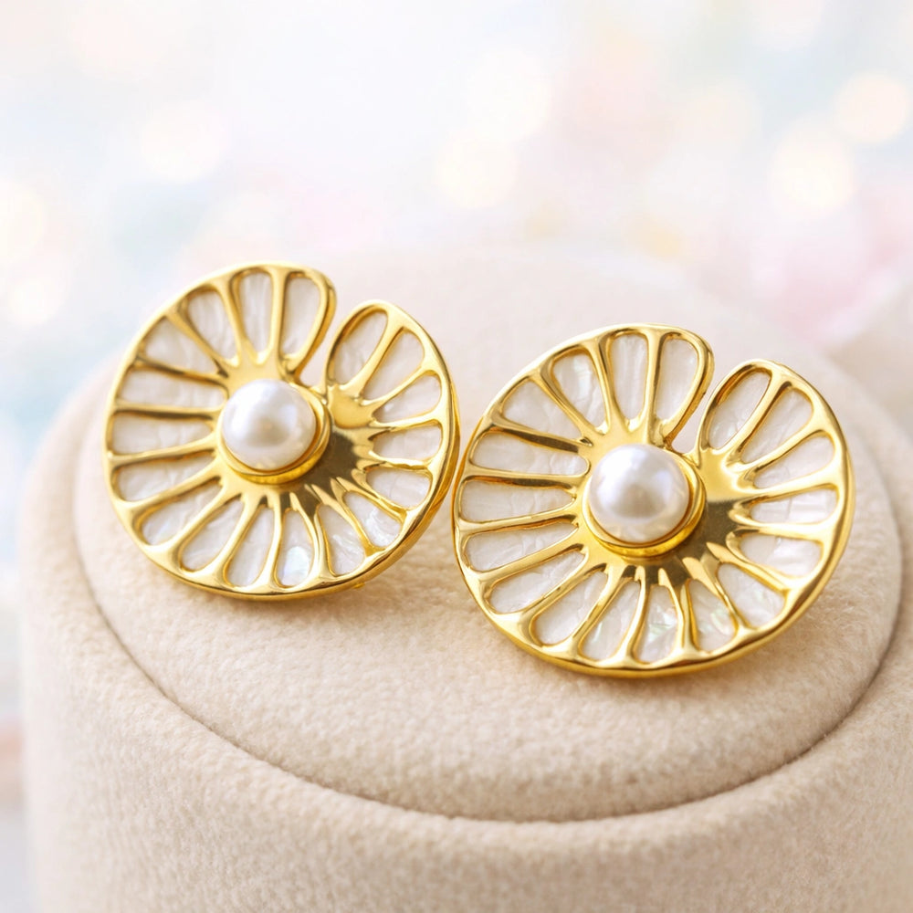 Gold Floral Pearl Stud Earrings | Premium White Enamel Fashion Jewelry