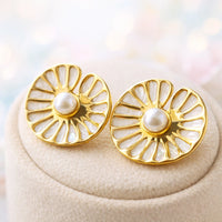 Gold Floral Pearl Stud Earrings | Premium White Enamel Fashion Jewelry