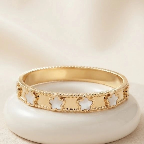 White Floral Motif Bangle - Anti Tarnish Gold Plated Bracelet